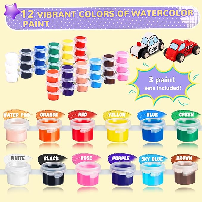 WOWOSS 14 Pcs Wooden Cars to Paint, Unfinished Wooden Craft Painting Toys for Students, Race Car Paint Party Birthday Party Favors, with 3 Sets of Paint & 5 Car Sticker Sheets