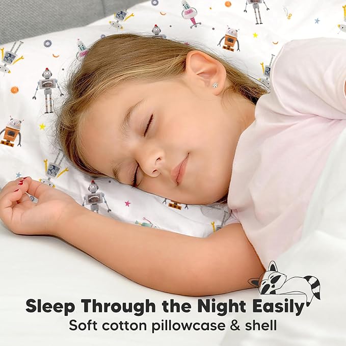 Toddler Pillow with Pillowcase - 13x18 My Little Dreamy Pillow, Organic Cotton Toddler Pillows for Sleeping, Kids Pillow, Travel Pillows, Mini Pillow, Nursery Pillow, Toddler Bed Pillow (Robo Pals)