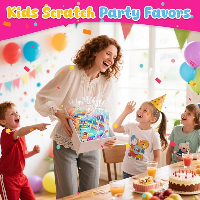 LovesTown 32 Pack Rainbow Scratch Art Notebook Party Favors Bulk for Kids, Rainbow Notebooks with Stencils & Gift Bags, Classroom Prizes Bulk for Girls Boys, Christmas Stocking Stuffers