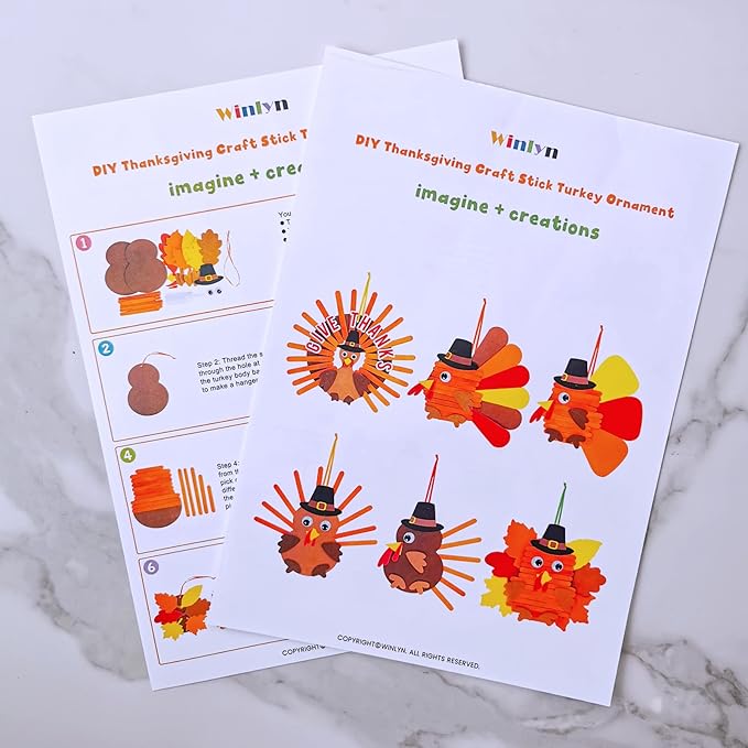Winlyn 24 Sets Thanksgiving Craft Kits Fall Crafts DIY Give Thanks Thanksful Turkey Ornaments Decorations Art Sets Wood Craft Sticks Turkey Foam Stickers Googly Eyes for Kids Classroom Activities