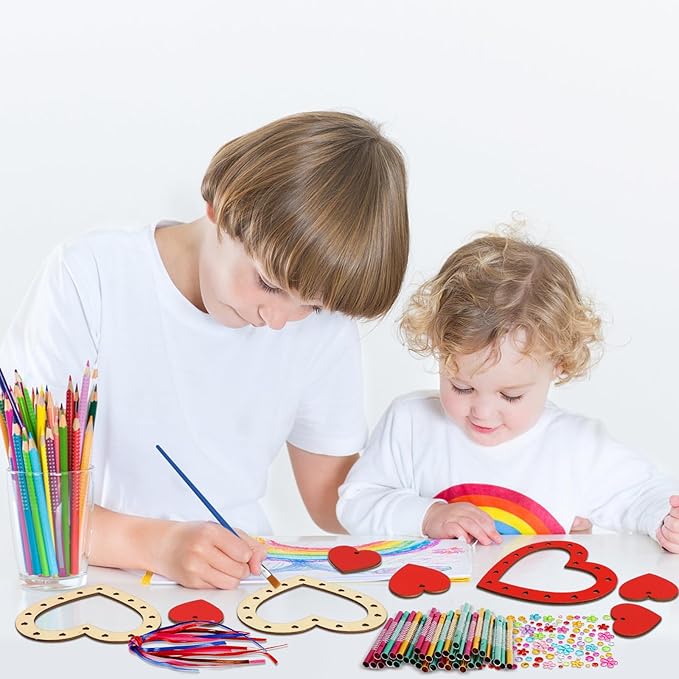 Fennoral 9 Pack Heart Wind Chime Kit for Kids Make You Own Red Heart Wind Chimes Valentine's Day Wooden Ornaments for Kids Art and Craft Valentine's Day Gifts Party Decoration