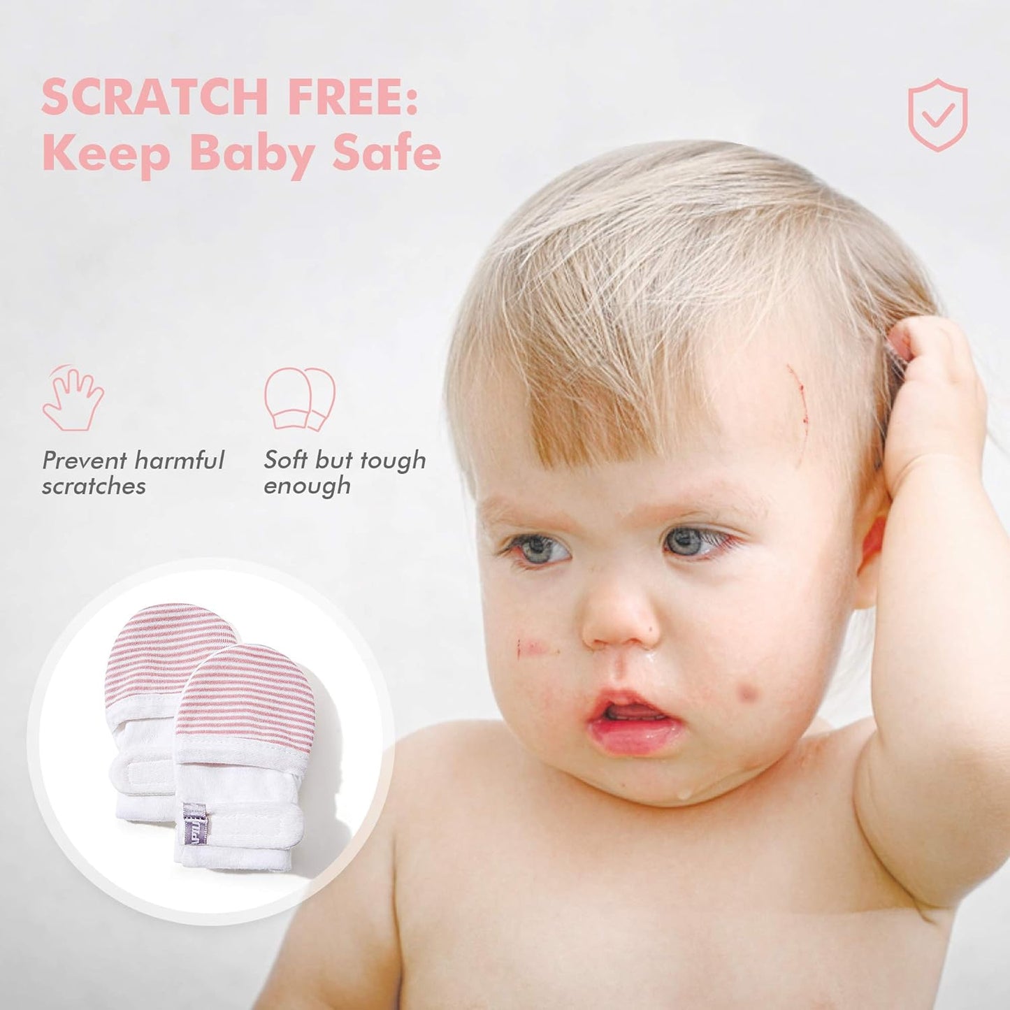 HAPIU Baby No Scratch Mittens Stay On, 100% Cotton Breathable, Adjustable Infant Gloves for Boys Girls, Newborn - 12 M