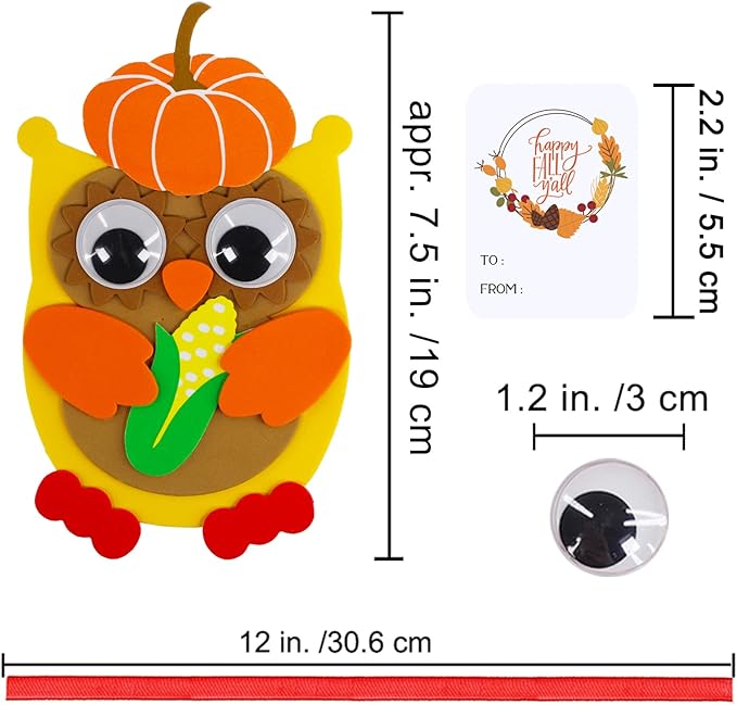 Winlyn 24 Sets Thanksgiving Owl Ornaments Decorations Art Sets DIY Thanksgiving Craft Kits Fall Crafts Pumpkin Sunflower Turkey Foam Stickers Arts and Crafts Googly Eyes for Kids Classroom Activities