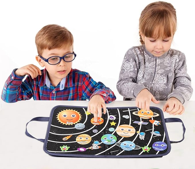 WATINC 25Pcs Outer Space Travel Felt-Board Story Set Portable Felt Board Solar System Universe Storytelling Planets Astronaut Galaxy Themed Preschool Early Learning Interactive Play Kit for Toddlers