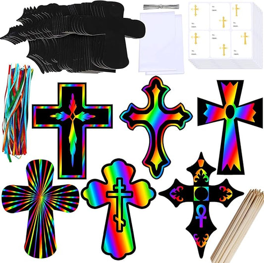 Winlyn 72 Sets 6 Styles Magic Color Scratch Cross Ornaments Craft Kits Rainbow Scratch Art Sets Scratch Paper Crosses with Scratching Tools for Kids Classroom VBS Sunday School Religious Activities