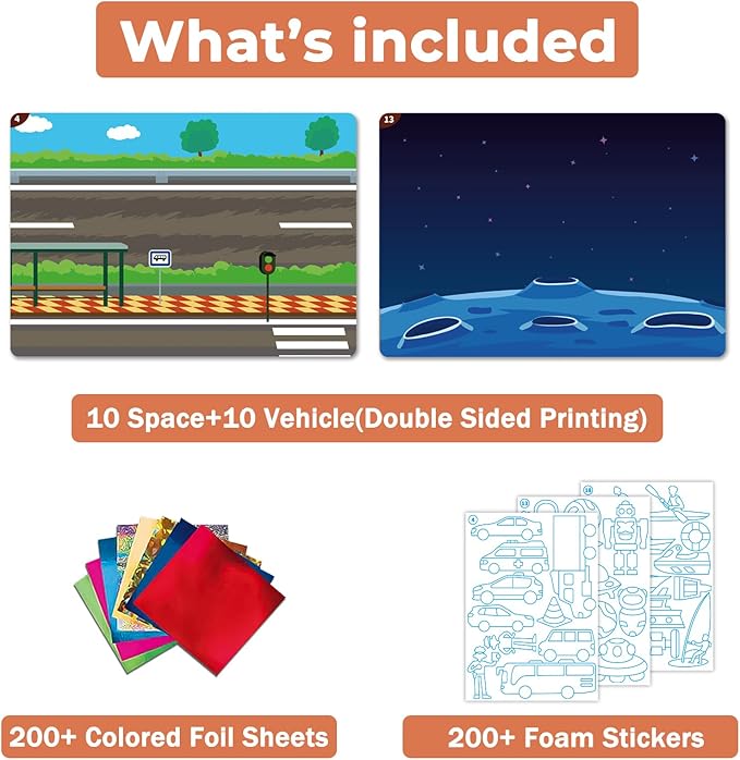 SOOVSY 200 Sheets Space Vehicles Foil Art Fun Kit for Kids, Foil Art for Kids, No Mess Art Crafts Kit DIY Creative Activity Birthday Gift Children Travel Toys for 4 5 6 7 8 9 Years Old Girls Boys