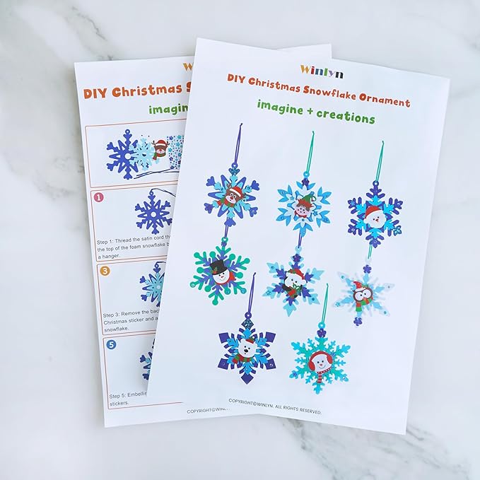 Winlyn 24 Sets Christmas Craft Kits Winter Crafts DIY Christmas Snowflake Ornaments Decorations Art Sets Foam Snowman Santa Owl Christmas Stickers for Kids Holiday Classroom Activities Party Favors