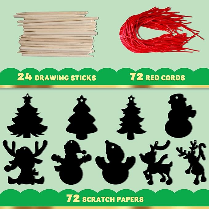 JOYIN 72 Pcs Christmas Scratch Art Ornaments, Rainbow Color Scratch Paper Craft Kit Include Snowman, Christmas Tree, and Reindeer, Scratch Off Hanging Ornament for Kids Party Favor