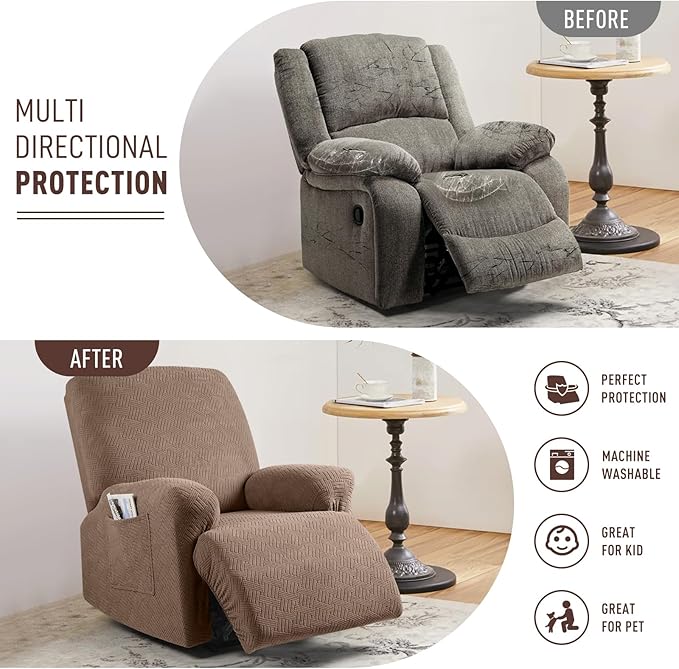 KinCam Oversized Recliner Chair Covers, Stretch Reclining Chair Covers for Large Recliner, Stripe Jacquard Recliner Covers Furniture Protector Covers with Elastic Bottom for Kids, Pets (Light Coffee)