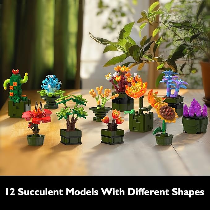 JMBricklayer Flowers Succulents Building Sets for Adults 10001, 12 Pack Tiny Plants Botanical Collection Display for Room Decor, Bonsai Flowers Building Blocks Gifts for Women Girls, Cute Succulents
