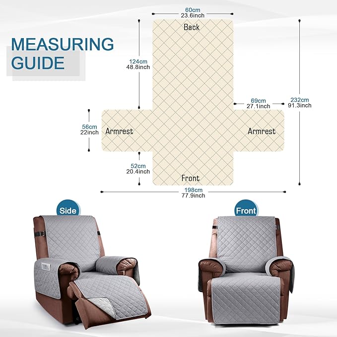KinCam 100% Waterproof Recliner Chair Cover, Reclining Couch Covers for Pets, Dogs, Recliner Couch Slipcover Furniture Protector with Elastic Straps for Kids(23.6", Light Gray)