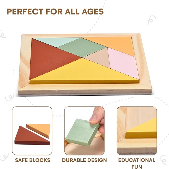Childlike Behavior 6 inches Puzzle Board - Tangram Wooden Puzzle - Brain Teaser Puzzles Block for Kids & Adult - Wood Block Puzzle - Logic Puzzle - Educational Sensory Toys for all ages