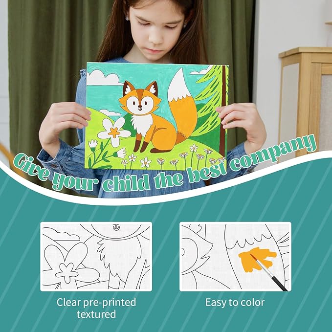 8 Packs Predrawn Canvas for Painting Kids Painting Canvas for Kids Painting Kits for Kids 4-8, 48 Paints, 8 Brushes 2 Easels, 8 6x8 Printed Canvas to Paint for Girls Boys and Beginners