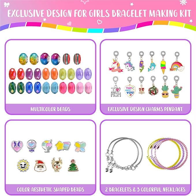 BDBKYWY Girls Charm Bracelet Making Kit - Kids Unicorn Jewelry Supplies Make Set DIY Art Craft Set Birthday Gifts for 3 4 5 6 7 8 Year Old Girl Toys Age 6-8
