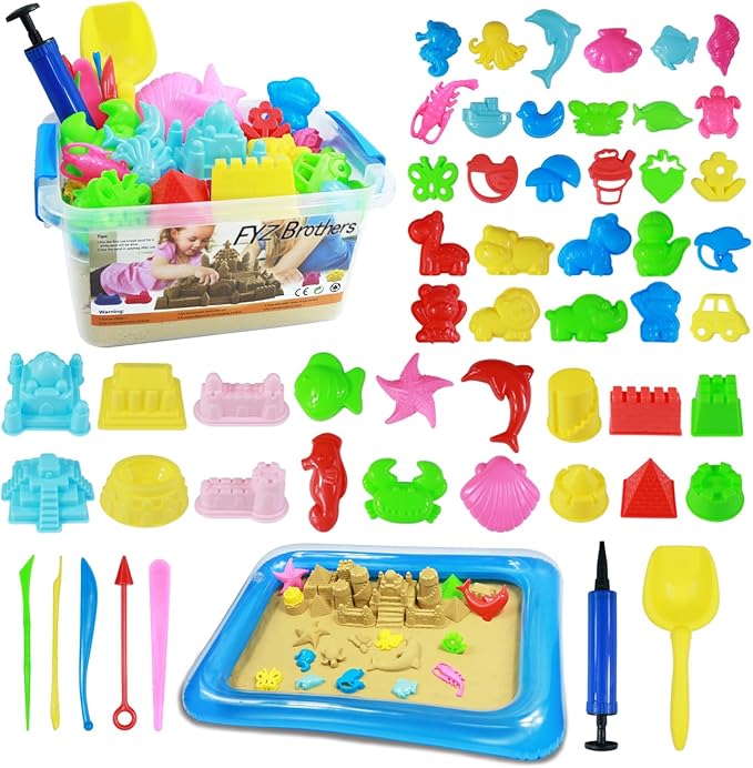Play Sand Kit, 54Pcs Sandbox Toys Set for Boys Girls, 3lbs Magic Beige Sand, Mold Tools, Inflatable Tray, Storage Box, Funny Birthday Christmas Gift