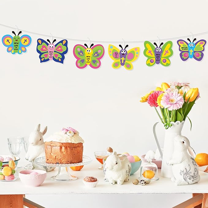 WATINC 74pcs Religious Easter Butterfly Craft Kit for kids, New Life in Jesus Craft Decoration, Resurrection Spring Butterflies DIY Sticker Hanging Ornaments with String for Home School Party Supplies