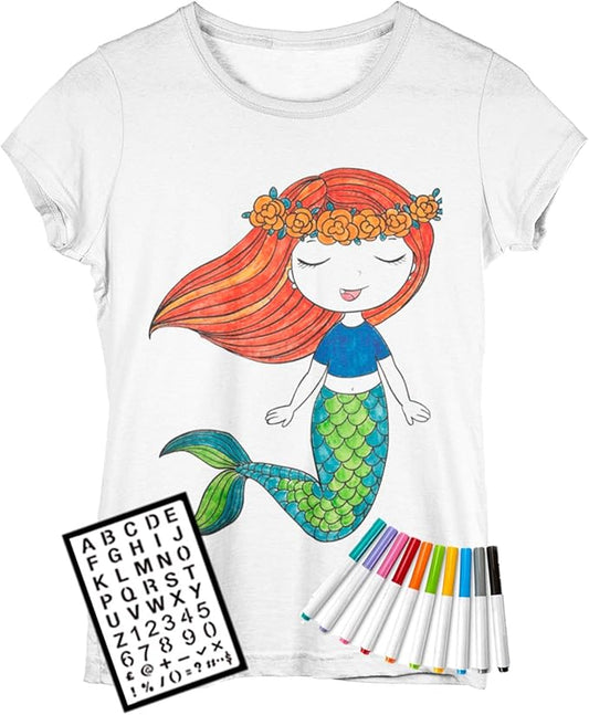 Coloring Shirt for Girls - Kit with 10 Fabric Markers and Alphabet Stencil (Mermaid, 10/12)