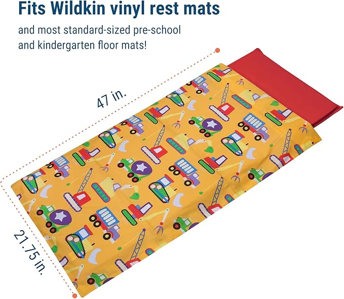 Wildkin Kids Nap Mat Cover for Boys & Girls, Sewn-in Flap Design Rest Mat Cover, Perfect for Preschool & Daycare, Fits our Vinyl Nap Mat up to 1.5 Inches Including Basic Sleep Mat (Under Construction)