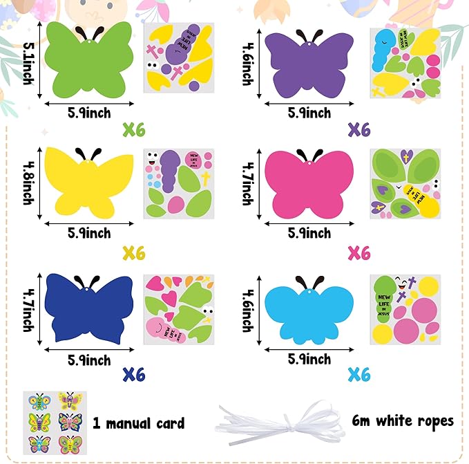 WATINC 74pcs Religious Easter Butterfly Craft Kit for kids, New Life in Jesus Craft Decoration, Resurrection Spring Butterflies DIY Sticker Hanging Ornaments with String for Home School Party Supplies