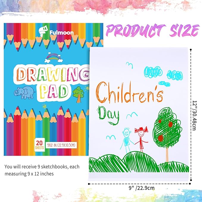Fulmoon 3 Pcs Sketch Pad for Kids Drawing Pad 20 Sheets Coloring Pad 9" x 12" Drawing Paper Pad Sketch Book Back to School Art Supplies for Crayons Charcoal Pencil Watercolor Pencil Colored Pencils