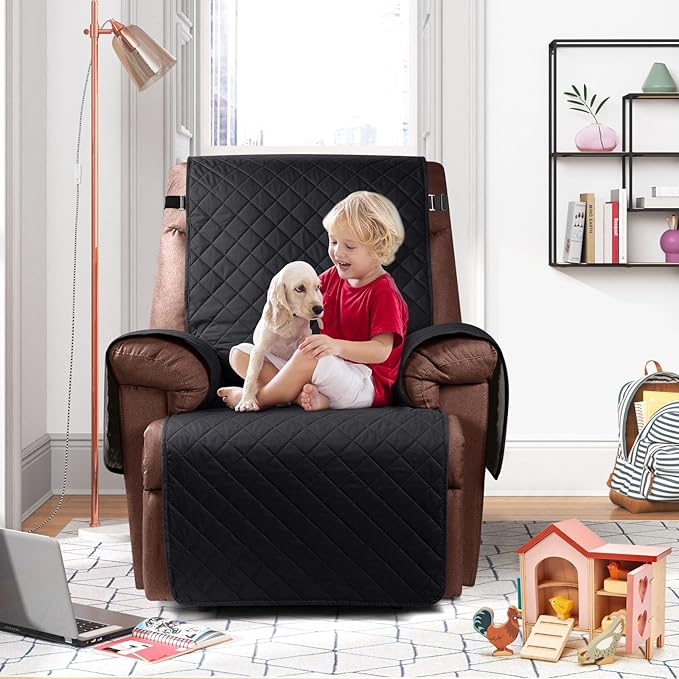 KinCam 100% Waterproof Recliner Chair Cover, Reclining Couch Covers for Pets, Dogs, Recliner Couch Slipcover Furniture Protector with Elastic Straps for Kids(30", Black)