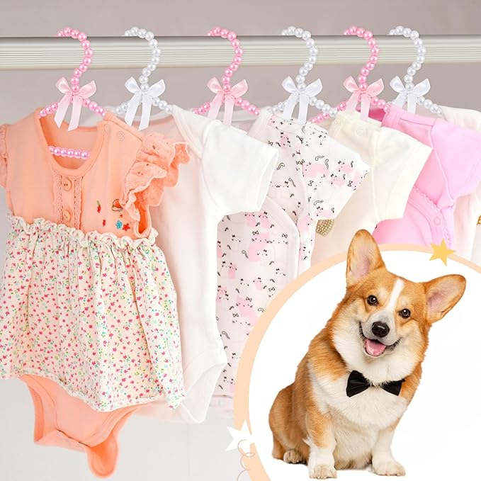 Wesiti 10 Pcs Small Pearl Hanger Mini Pearl Metal Elegant Clothes Hangers with Ribbon for Women Dog Cat (Pink,White)