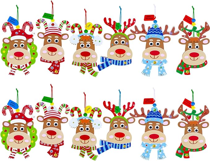 Winlyn 24 Sets Christmas Craft Kits Winter Crafts DIY Xmas Reindeer Head Ornaments Decorations Festive Foam Stickers Christmas Arts and Crafts for Kids Holiday Home Classroom Activities Party Favors
