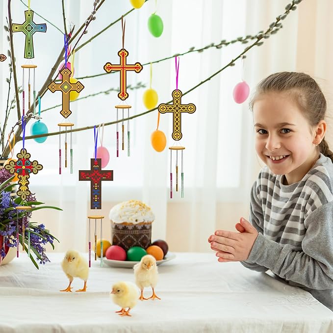 Fennoral 9 Pack Cross Wind Chime Kit for Kids Make You Own Easter Cross Wind Chimes DIY Wooden Crafts to Paint for Art Activities Easter Decoration Birthday Gift
