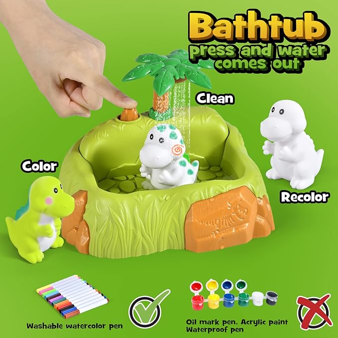 Golray Paint-Wash-Recolor Dinosaur Crafts Kit Painting Toy for Toddler, Bathtub, Washable Marker, Dinosaur, Instruction, Dino Pet Art Activity Dinosaur Toy Gift for 3-5 Year Old Kid Boy Girl