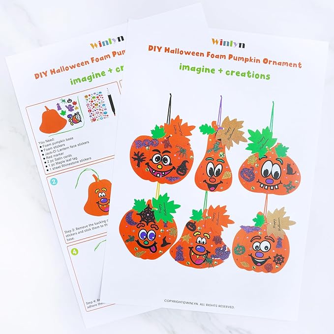 Winlyn 36 Sets Fall Halloween Pumpkin Decorations DIY Pumpkin Craft Kits Foam Pumpkin Shapes with Jack-O'-Lantern Face Glitter Halloween Stickers Maple Leaf for Kids Party Favors Classroom Activities