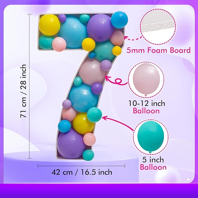 Mosaic Balloon Numbers Frame Light Up Numbers 7 Pre-Cut Large Foam Board Sign Cut-out for Boy Girl Birthday Backdrop Anniversary Decoration