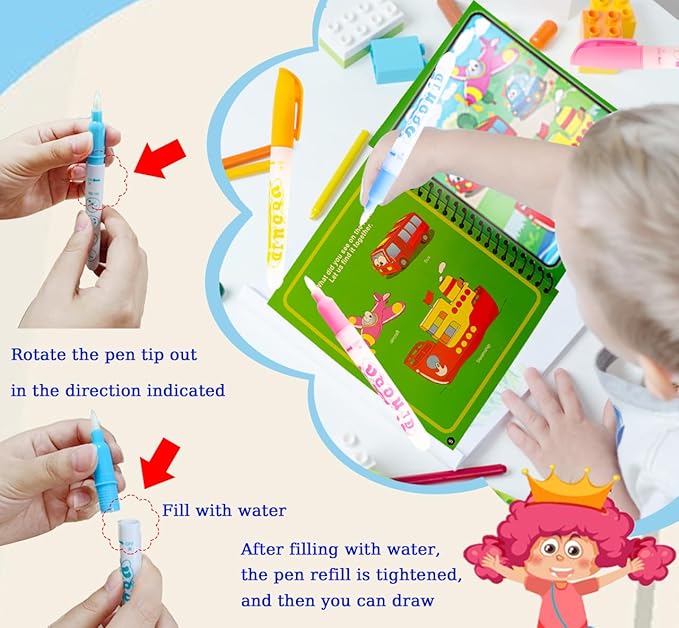 Water Coloring Painting Books for Kids,Reusable Water Doodle Book Toys for Toddlers Car Travel,16pcs Portable Drawing Kits with16pcs Pens,Dinosaur,Unicorn,Train,Space