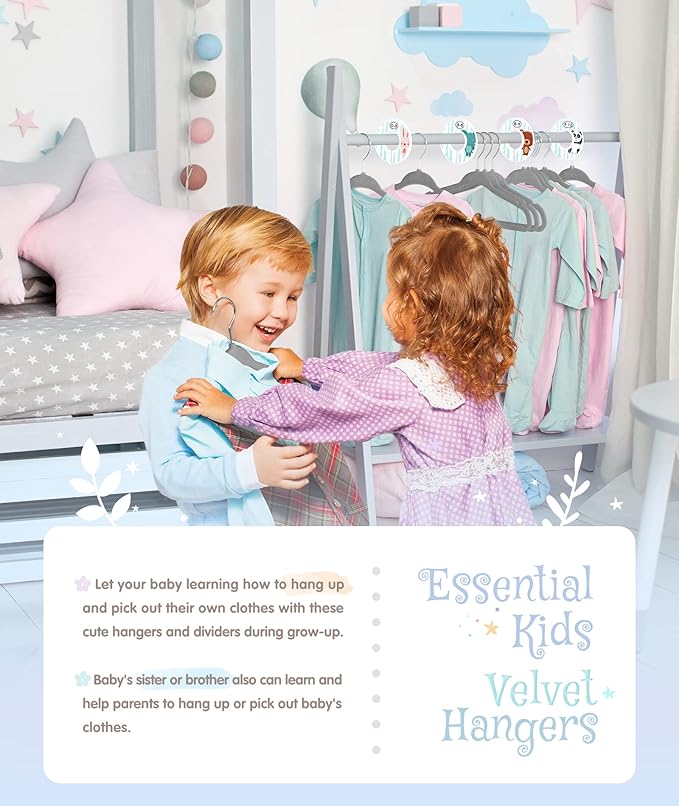 Baby Hangers, VIS'V 11 Inch Gray Velvet Kids Hangers with 6 Pcs Size Dividers Non Slip Nursery Children Closet Clothes Hangers for Infant Toddler Girls and Boys 50 Pcs