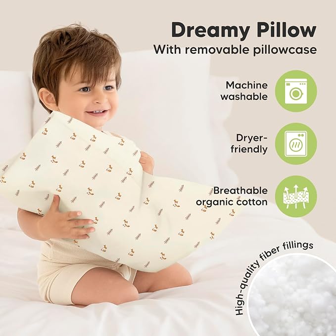Toddler Pillow with Pillowcase - 13x18 My Little Dreamy Pillow, Organic Cotton Toddler Pillows for Sleeping, Kids Pillow, Travel Pillows, Mini Pillow, Nursery Pillow, Toddler Bed Pillow (Fox Tales)