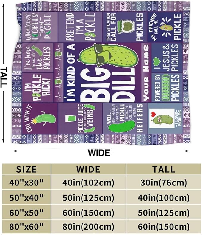 Custom Pickle Blanket with Name for Women Men, Personalized Cute Pickle Themed Design Printed Throw Blankets for Teens Adults Couch Bed, Giftable Blanket, 60"x 80"