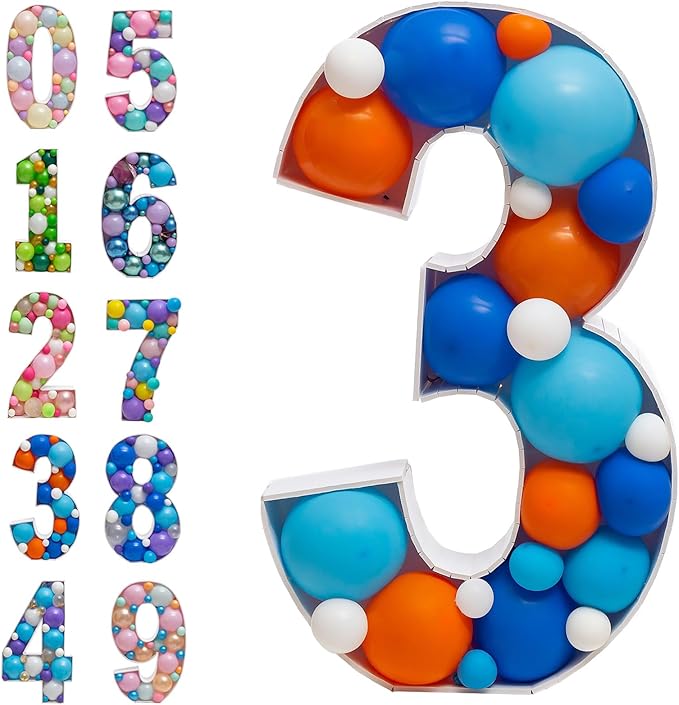 Mosaic Balloon Numbers Frame Marquee Light Up Number 3 Pre-Cut Large Foam Board Sign Cut-out for Boy Girl Birthday Backdrop Anniversary Decoration