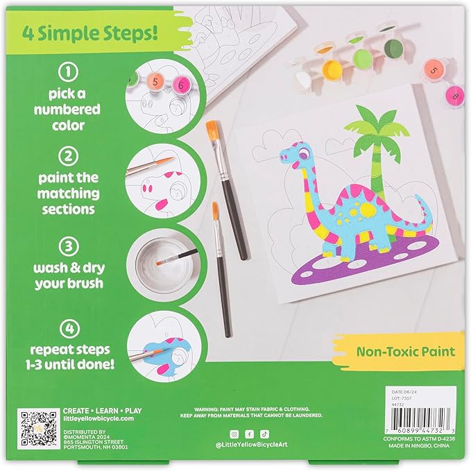 Dino Paint-by-Number Canvas Kit - All-in-1 Art Set, 2 Dinosaur Paintings, 8 Non-Toxic Paint Pots & 2 Brushes, Kids Ages 5+