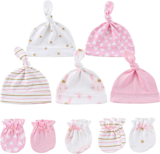 Baby Hat and Mittens Set Newborn Baby Hats Caps for Baby Boys Girls 0-6 Months 100% Cotton