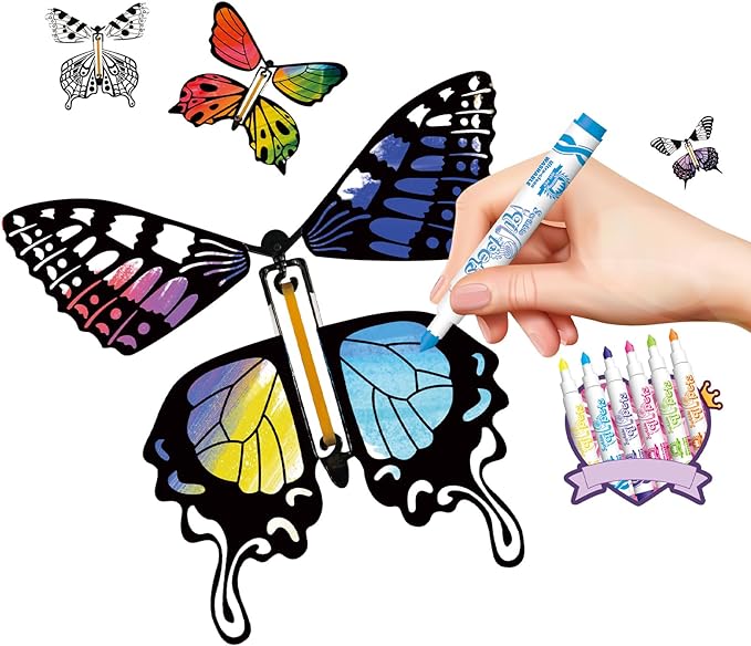 SANYIYIBA 24 Pack Flying Butterfly Craft Kit with 12 Wind Up Butterflies and 12 Color Pens - DIY Toys for Kids' Parties School Activities and Parent-Child Fun