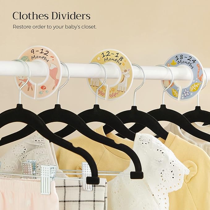 SONGMICS Baby Hangers, 30 Packs Pants Hangers with Clips, Kids Hangers with 6 Clothes Dividers, Non-Slip Children’s Clothes Hangers, Pants Hangers, Black UCRF013B30