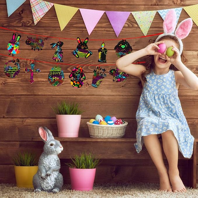 XJF Easter Scratch Art for Kids,24pcs Easter Eggs Bunny Chick Ornament,Magic Scratch Paper Art for Easter Decoration,Party Supplies,Classroom Activity Black