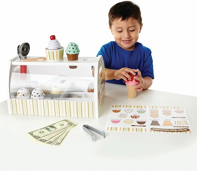 Melissa & Doug Wooden Scoop and Serve Ice Cream Counter With Play Food and Accessories (28 Pcs) Pretend Food, Ice Cream Toys, For Kids Ages 3+