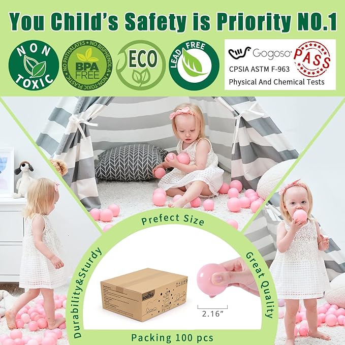 GOGOSO Pit Balls Pink Balls for GirlsToddlers for Playhouse, Playpen, Baby Pool, Play Ball Fun Centers, for Babies, Kids, Phthalate Free BPA Free,100 Balls