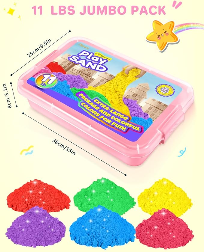 Play Sand with 6 Colored Sands of 11lbs, Including a Sand Tray with Lid - Sensory Toy Kits and Sand Art Kits for Kids (Pink Tray)