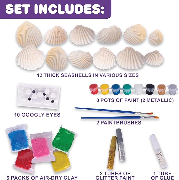 ArtCreativity Seashell Painting Kit for Kids - Sea Shell Craft Kit with 12 Real Seashells, 8 Paint Pots, 2 Glitter Paint Tubes, Air Dry Clay, and More - Summer Arts and Crafts Kits for Girls Ages 4-12