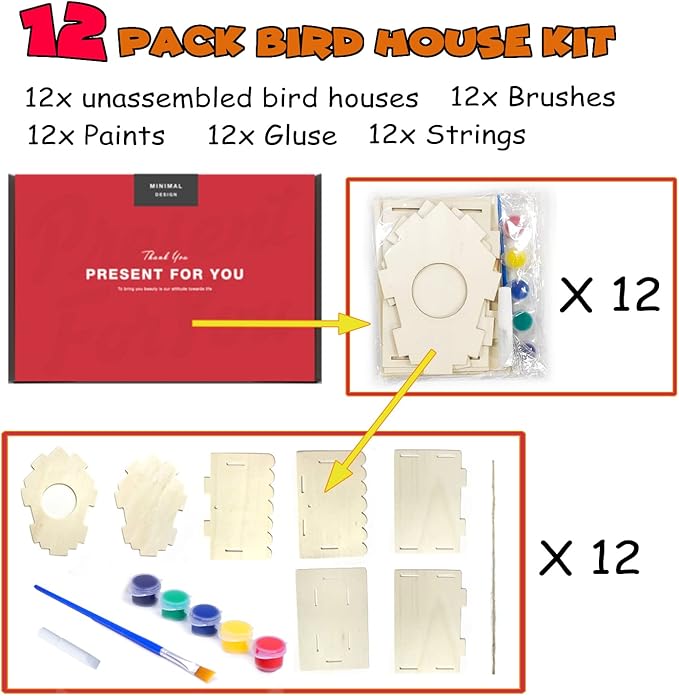 hapray 12 Pack Bird House Kit, DIY Birdhouse Kits, Wooden Crafts Arts for Children to Build and Paint (Includes Paints & Brushes) for Kids Girls Boys Toddlers Christmas Gift