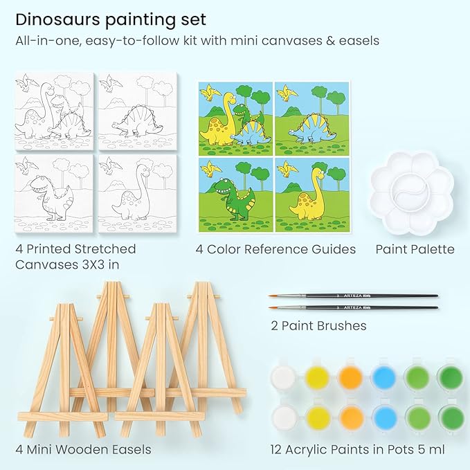 ARTEZA Kids Dinosaur Painting Kit, 4 Canvases 3 x 3 Inches, 4 Easels, 12 Acrylic Paints, 2 Paint Brushes, 1 Palette, Kids Activities for Ages 6 and Up