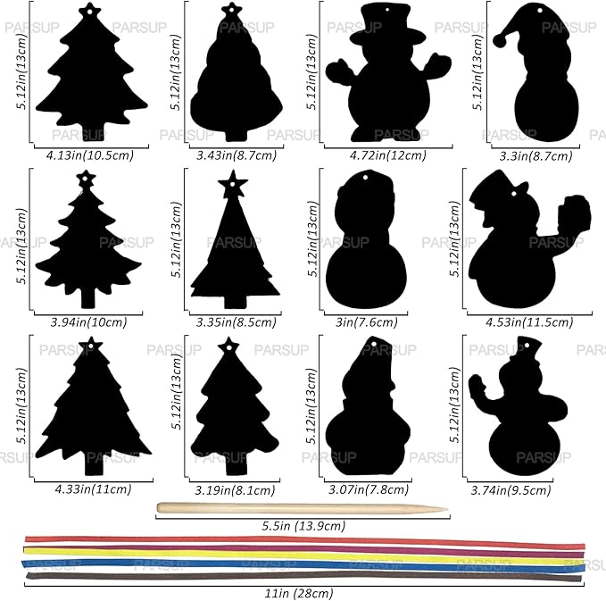 96Pcs Christmas Tree Snowman Scratch Paper Rainbow Color Scratch Ornaments Christmas Decorations Hanging Craft Art Kits with Wooden Stick and Ribbon for Kids Christmas Winter Party Favors