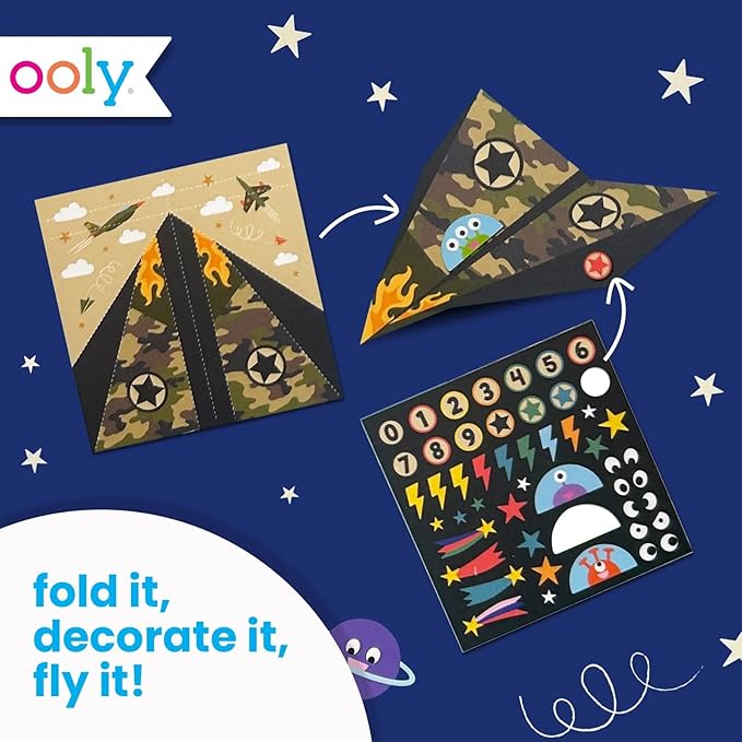 Ooly DIY Paper Airplane Book, 24 Paper Planes & Stickers, Kit Includes 12 Completed, 6 Blank and 6 Color-in Planes, Great Summer Arts & Crafts Activities for Boys and Girls