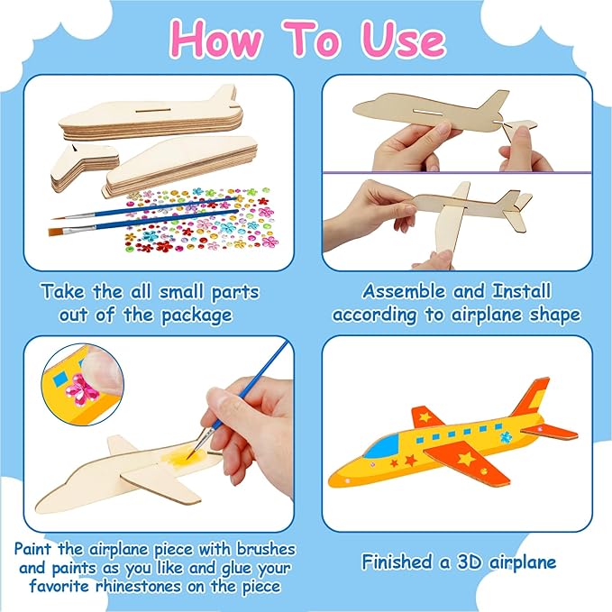 Fennoral 12 Pack Wooden Airplane Craft for Kids Make Your Own 3D Airplane kit for Boys Girls DIY Paint Wood Planes for School Art Activity Kids Birthday Gifts